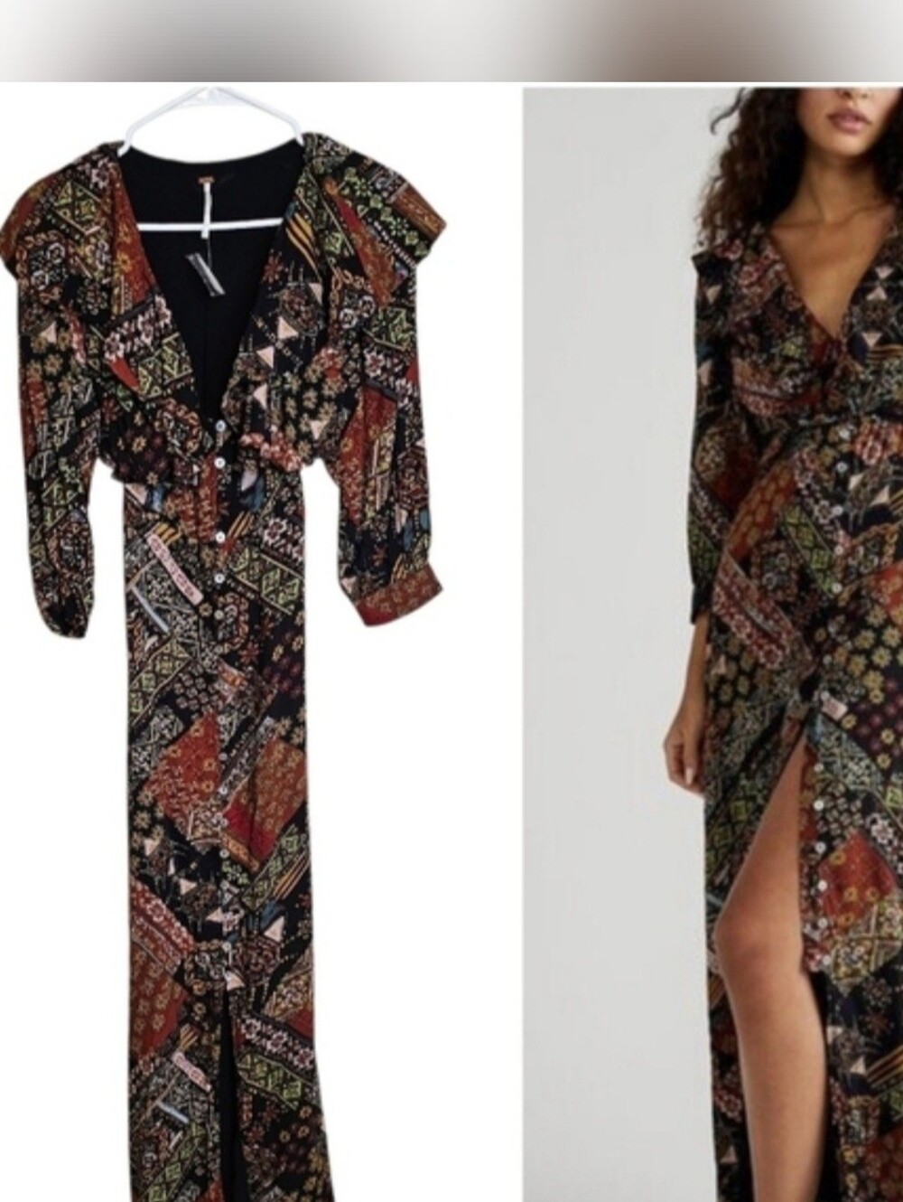 Free People Robe Lennon Ruffle Collar Button Down Bohemian Maxi Dress XS